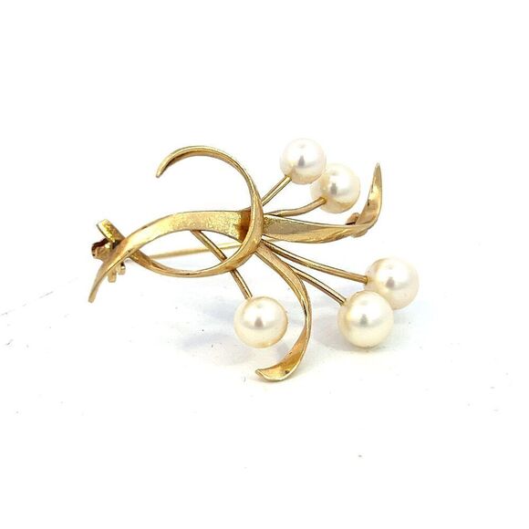 Mikimoto Estate Akoya Pearl Brooch 1.5 x 1" 14k Yellow Gold 6.60-5.50 mm M370 - Picture 5 of 7